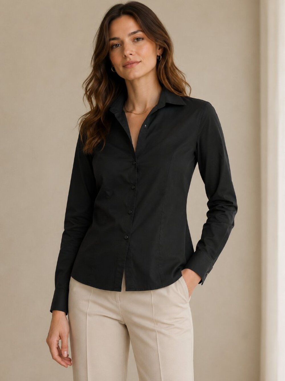 Anne Fontaine Black Button-Front Stretch Cotton Blouse - Size - 4